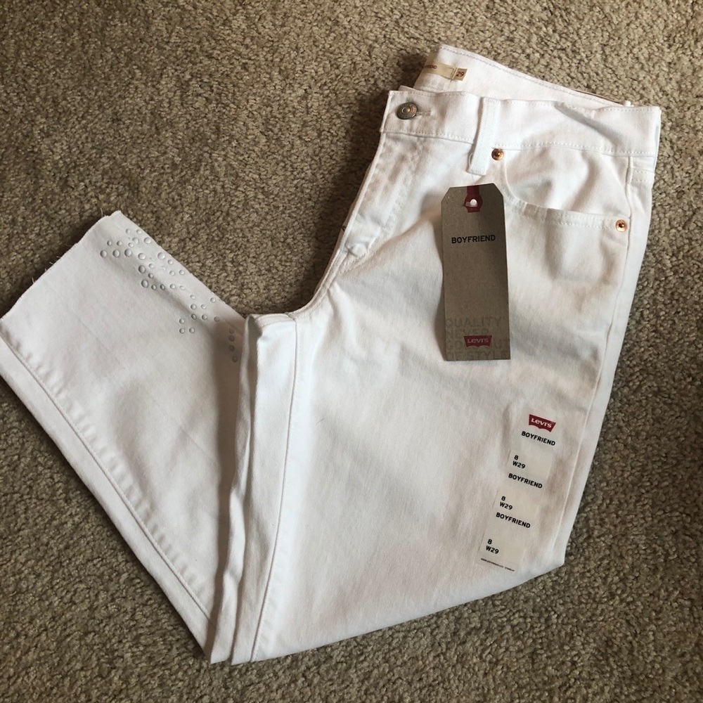 Levi’s boyfriend white crop studded jeans denim pants fringe 10 - Picture 3 of 10